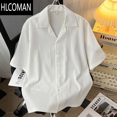 HLCOMAN高级垂感冰丝衬衫男短袖宽松美式古巴领衬衣夏季潮流痞帅情侣衣服