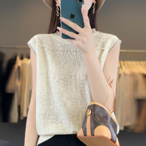 精纺羊毛背心蕾丝钉珠打底衫春夏无袖上衣女半高领镂空针织衫
