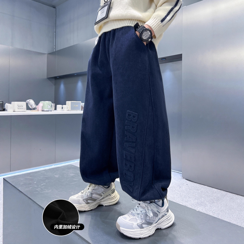 男童加绒裤子春秋冬款儿童冬季一体绒运动裤新款大童条绒裤潮