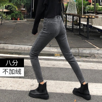 迪鲁奥(DILUAO)新款女装涂层牛仔布裤女2019年秋季装新款高腰烟灰色韩版学生显瘦黑色紧身九分工装裤