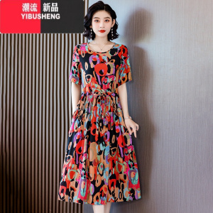 YIBUSHENG新款气质洋气年轻款棉绸连衣裙女季碎花妈妈显瘦人造棉裙子外穿