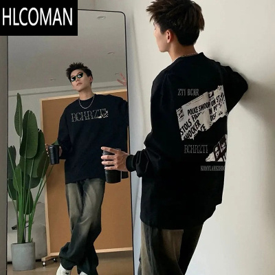 HLCOMAN黑色正肩长袖t恤男vintage美式加绒卫衣圆领内搭打底衫