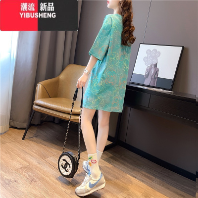 YIBUSHENG3D印花T恤季春款女装2023年新款连衣裙设计感小众中长裙子