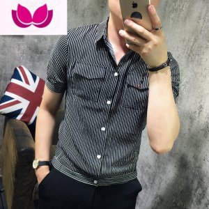 七斓夏季男士短袖衬衣个性口袋修身衬衫男韩版青少年休闲百搭条纹上衣
