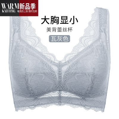 内衣女无钢圈薄款美背蕾丝大胸显小聚拢全罩杯大码文胸罩SHANCHAO