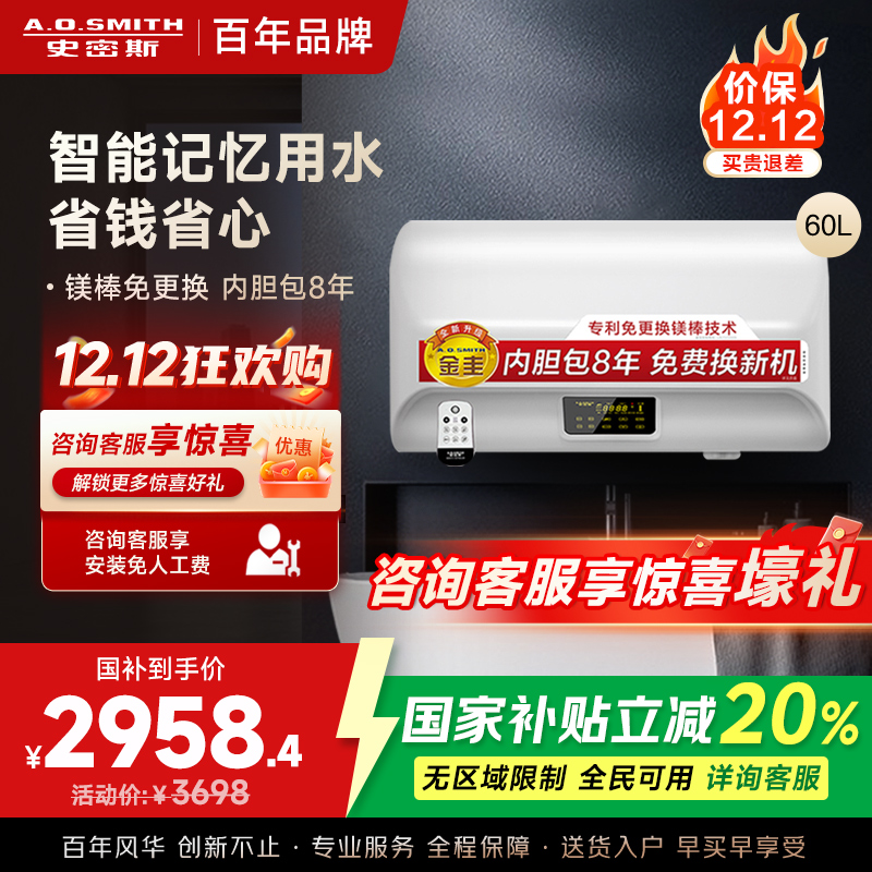 AO史密斯60升电热水器 专利免更换镁棒 金圭内胆 全隐藏安装 大屏触控 双驱速热节能 E60EDX 遥控预约