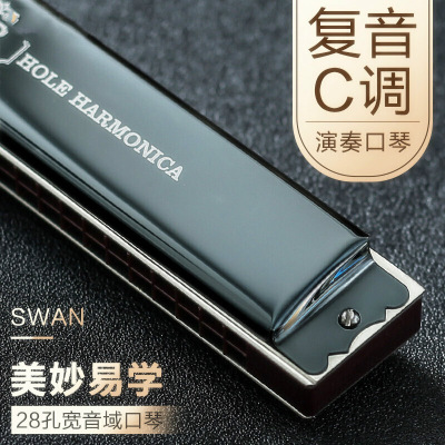 口琴专业演奏级成人28孔高级重音C调天鹅复音初学者学生自学入门用黑色复音C调