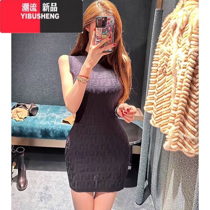 YIBUSHENG季纯欲性感双F提花圆领无袖背心针织连衣裙女修身显瘦包臀短裙