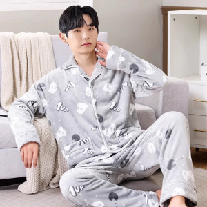 花花公子男睡衣冬季加绒加厚保暖珊瑚绒秋冬新款法兰绒家居服套装