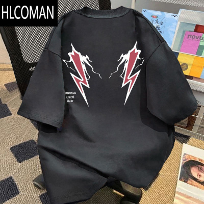 HLCOMAN荧光绿夏季上衣女闪电印花短袖T恤男女情侣学院风ins半袖