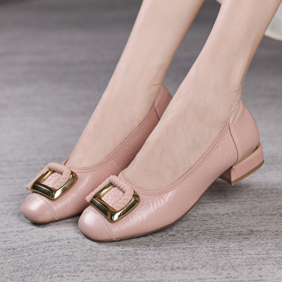 韩版中跟浅口女鞋新款真皮金属方扣单鞋百搭软底舒适四季鞋