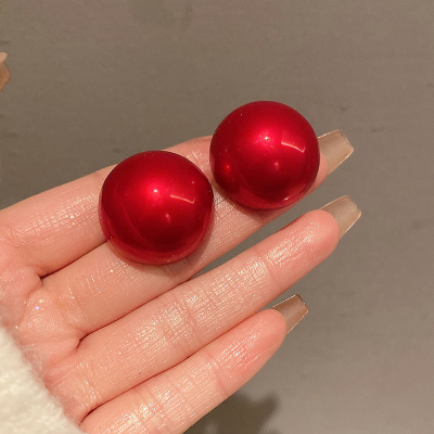 红色耳饰夸张超大珍珠耳钉2024新款秋冬高级感新年银针耳环女送女朋友老婆情人节七夕生日礼物