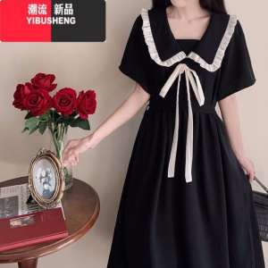 YIBUSHENG大码女装短袖娃娃领连衣裙季新款胖妹妹收腰显瘦赫本风长裙子女