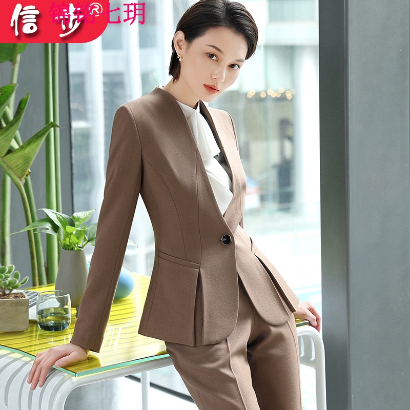 锦铭七玥职业装女装套装2018春季新款长袖修身套裙上班工装时尚杏色女套裙