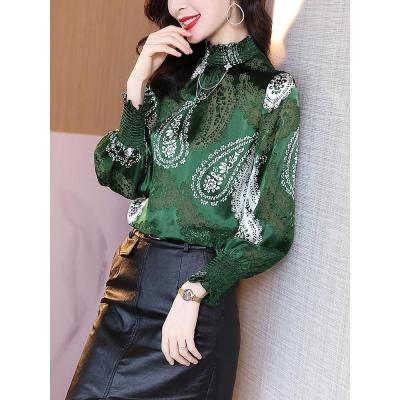 仙依琦雪纺衬衫女复古港味2021年春季新款淑女气质立领洋气印花长袖上衣6315