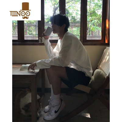 YANXU白色长袖t恤男秋季纯色潮牌宽松打底衫早秋美式无帽卫衣