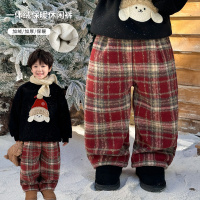 童酷儿童冬装湖州织里童装加绒加厚长裤红格子保暖男童休闲裤