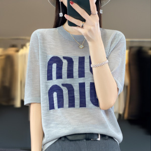 韩版时尚字母针织短袖T恤女夏新款凉爽透气冰丝半袖百搭上衣