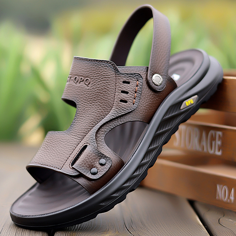 夏季新款沙滩鞋凉鞋真皮透气露趾凉拖两用男鞋休闲牛皮凉鞋