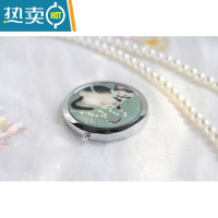 敬平[福利款]古风汉服配饰小镜子化妆镜便携折叠双面镜手工猫咪便携式用镜 竹青色黑猫银色底