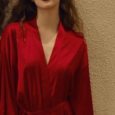 HLCOMAN今夕何夕睡袍女夏季新娘睡衣晨袍浴袍结婚红色性感和服式家居服薄