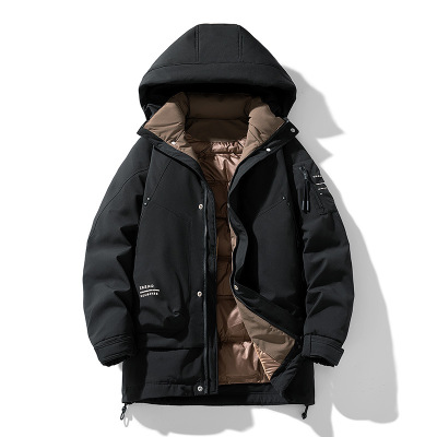 冬装加厚中长款羽绒服男户外工装保暖连帽潮牌青年时尚男士羽绒服
