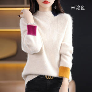 貂绒衫秋冬新款女半高领短款宽松加厚拼色羊毛针织衫打底毛衣
