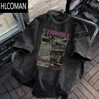 HLCOMAN做旧短袖T恤男夏oversize美式复古高街欧美潮牌牛仔半袖