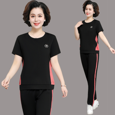 中老年女装妈妈夏装短袖t恤两件套2021新款中年运动套装女40岁50