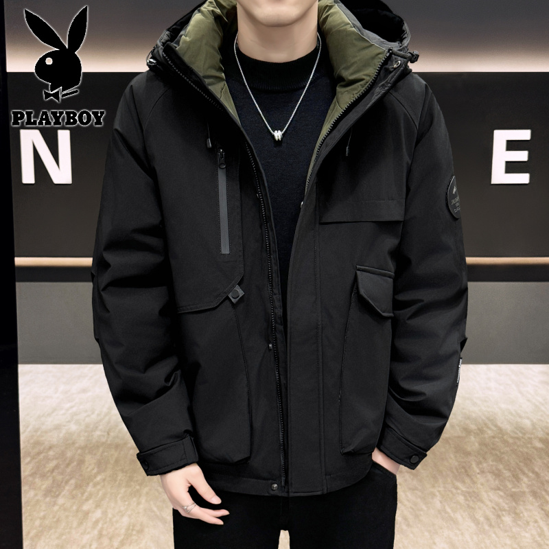 花花公子新款高品质90%鸭绒冬季加厚羽绒服男士短袖连帽保暖面包服外套男女同款