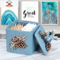 欧式牙签盒收纳盒创意牙签筒 客厅家用收纳整理 敬平 蓝色松果鹿双格盒