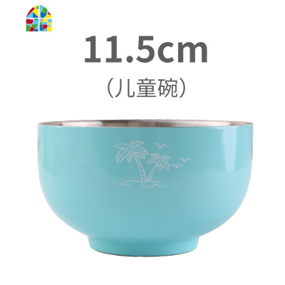韩式炫彩304不锈钢碗家用成人餐具碗双层隔热保温儿童碗创意加厚 FENGHOU 13cm蓝色