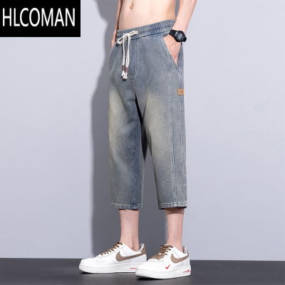 HLCOMAN星空纹七分牛仔裤男生2024夏季薄款休闲中裤子男新款复古直筒短裤