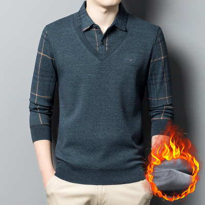 冬装假两件毛衣男士加厚加绒打底衫中年男衬衫保暖上衣