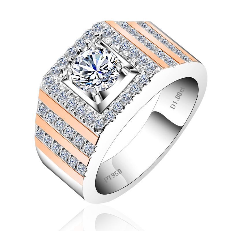 霸气男戒1克拉仿真钻戒925银镀铂金950男士戒指欧美老板个性指环