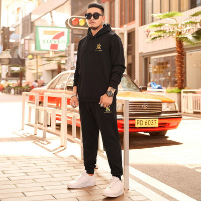 珂卡慕(KEKAMU)大码男装潮牌秋季卫衣加肥号两件套胖子肥佬运动休闲套装黑色