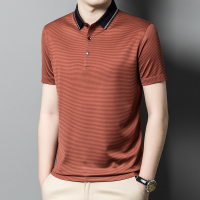 专柜正品品牌100桑蚕丝短袖t恤中年男士真丝体恤 polo衫宽松条纹爸爸装夏季加肥加大码可定制批发潮流T恤大码男装