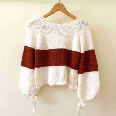 秋冬新款韩版时尚拼色条纹宽松显瘦针织衫套头毛衣