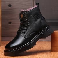 靴子男冬季头层牛皮马丁靴男款羊毛一体外穿工装靴男士加绒棉鞋