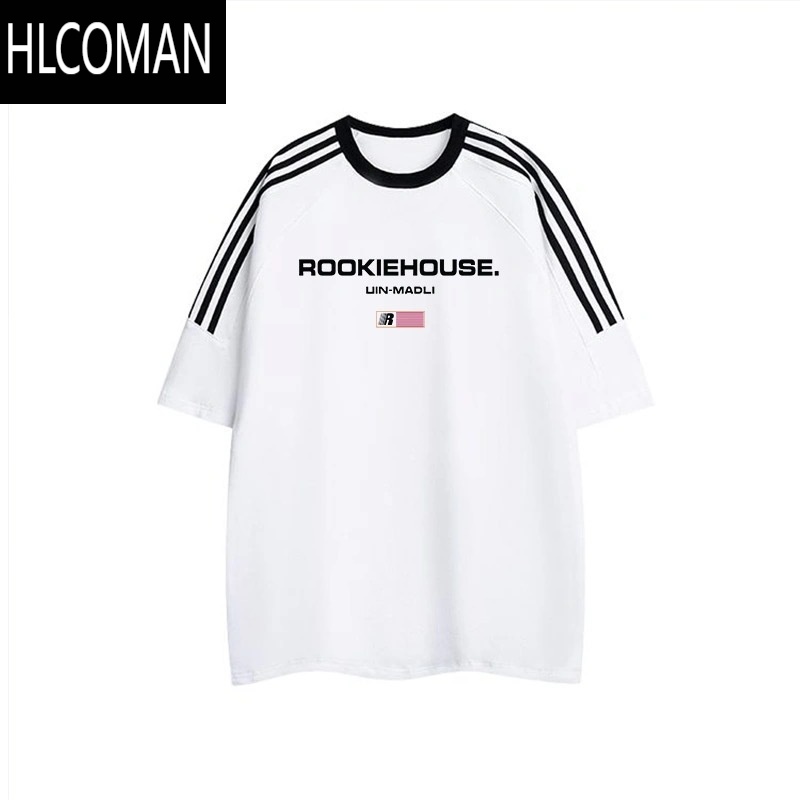 HLCOMAN夏季美式三条杠圆领甜辣潮牌上衣日系情侣短袖宽松ins男生t恤