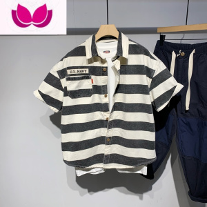 七斓高级感日系复古潮牌短袖衬衫男夏季宽松拼色条纹衬衣男五分袖上衣