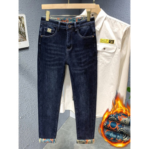 男士牛仔裤冬季时尚百搭彩棉潮男裤子舒适加绒直筒休闲裤男生