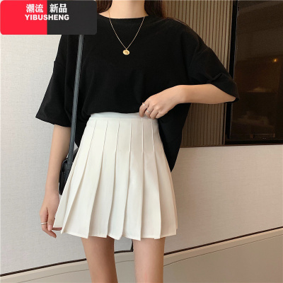 YIBUSHENG春夏白色高腰百褶裙短裙女学院风大码黑色防走光a字超短半身裙裤