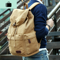 工装男士帆布双肩包初中大学生书包潮流休闲大容量旅行包背包男包NEW LAKE 卡其色