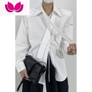 七斓秋轻薄宽松长袖白色纯色衬衣男女百搭克莱因蓝领带装饰时髦衬衫