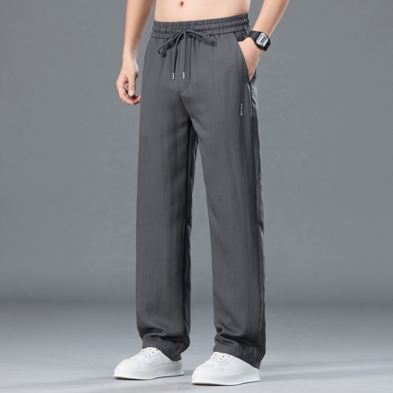男士夏季亚麻直筒运动裤宽松垂感休闲裤抽绳设计薄款百搭长裤子