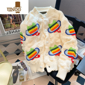 YANXU法式甜美温柔风软糯刺绣毛衣外套男女加厚小个子洋气针织开衫 米白色 均码