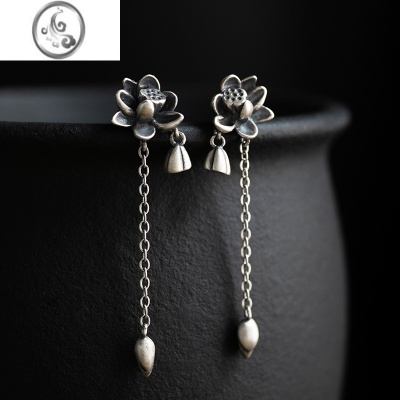 JiMiS925银银耳环复古文艺清新莲花莲蓬荷花小坠流苏长款耳饰银耳钉女