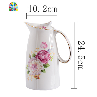 家用凉水壶大容量陶瓷茶壶可高温冷水壶花茶壶创意水杯水具 FENGHOU [金边]6杯1壶1瓷盘-2L