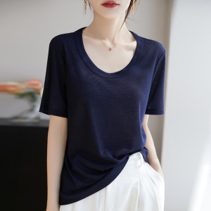 天丝莱赛尔U领针织衫短袖T恤女2025年夏季新款纯色套头宽松打底衫